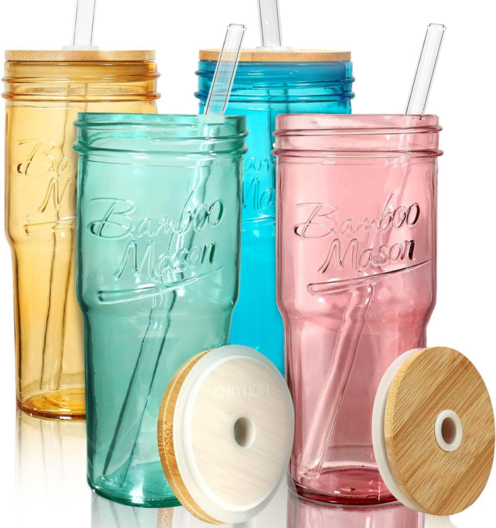 ANOTION Glass Cups with Lids and Straws - 24 oz Tumbler with Handle Halloween Coffee Cups Glass Straws Mason Jar Cups Drinking Set Kitchen Essentials Coffee Bar House Warming Gifts New Home