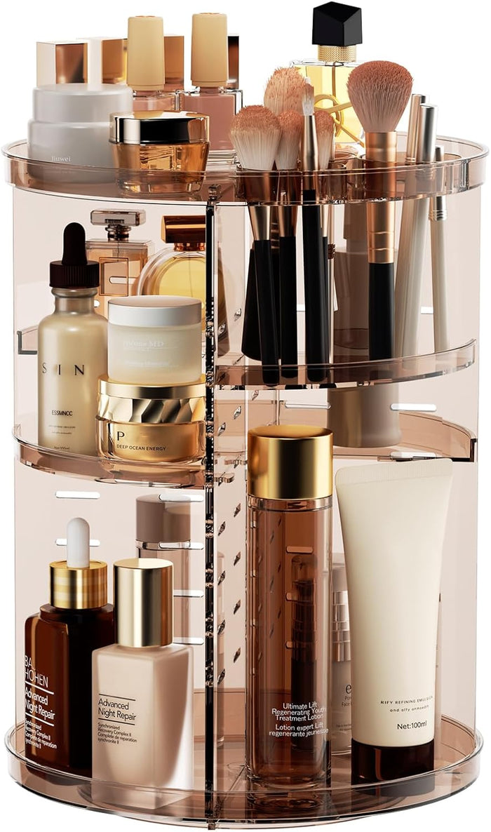 Rotating Makeup Organizer, DIY 8 Adjustable Layers Spinning Skincare Organizer, Cosmetic Display Case with Brush Holder Perfume Tray, Multi-Function Storage Carousel for Vanity Bathroom Countertop