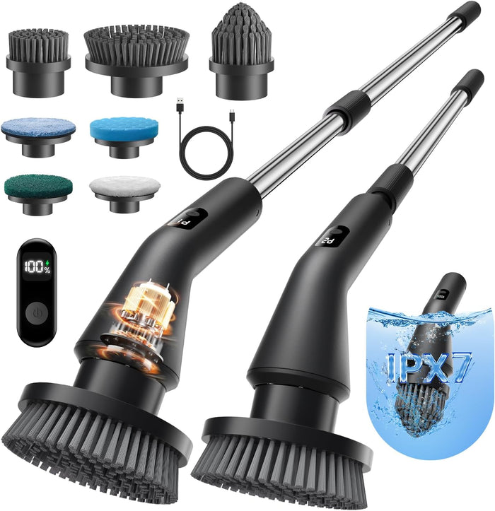 Leebein Electric Spin Scrubber, Cordless Cleaning Brush with 8 Replaceable Brush Heads, Tub and Floor Tile 360 Power Scrubber Dual Speed with Adjustable & Detachable Handle for Bathroom Kitchen Car