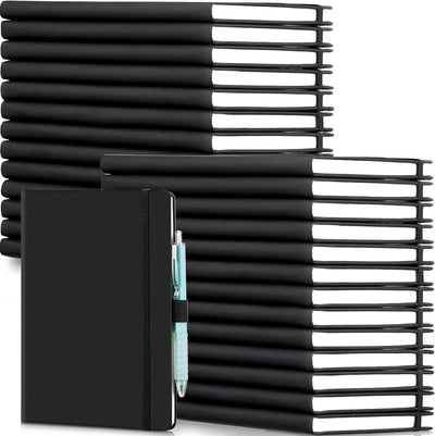 Laumoi 28 Pack PU Leather Lined Notebook Journal Bulk A5 Hardcover Notebook College Ruled 5.5 x 8.2 Inch Journal with Pen Holder for School Business Work Writing(Black,Simple)
