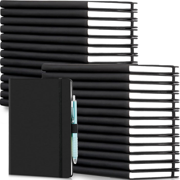 Laumoi 28 Pack PU Leather Lined Notebook Journal Bulk A5 Hardcover Notebook College Ruled 5.5 x 8.2 Inch Journal with Pen Holder for School Business Work Writing(Black,Simple)