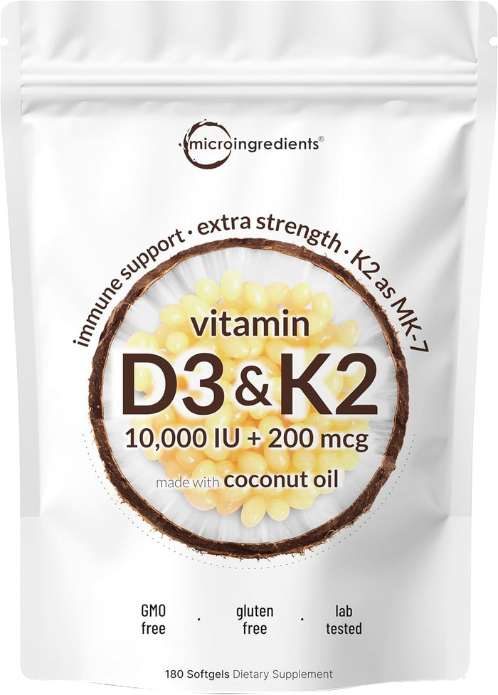 Micro Ingredients Vitamin D3 10,000 IU + K2 MK-7 200 mcg, 300 Softgels | Virgin Coconut Oil | 2-in-1 Bone, Immune & Heart Support | Easy to Swallow, Non-GMO
