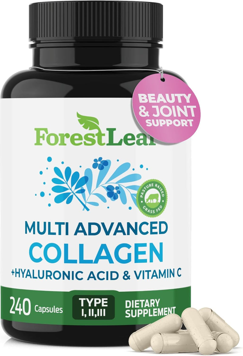 ForestLeaf Multi Collagen Pills with Hyaluronic Acid + Vitamin C | Hydrolyzed Collagen Supplements for Women or Men | Multi Collagen Capsules Peptides for Skin, Wrinkles, 120 Caps