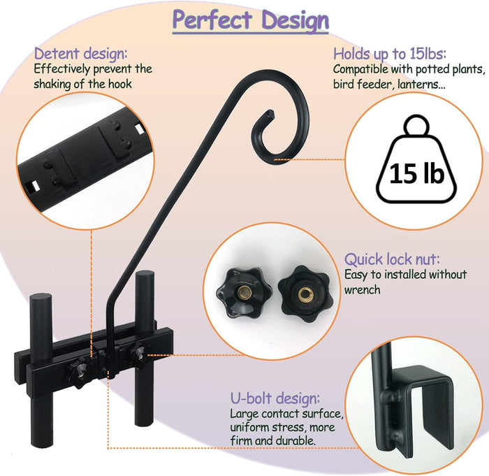 Deck Hook Rail Suitable for Hanging Flower Baskets Wind Chimes Planters Bird Feeders Lights, Heavy Duty Fence Deck Hook Rail Holds up to 15lbs with Ease Note: Pole Length: 16.5 inches