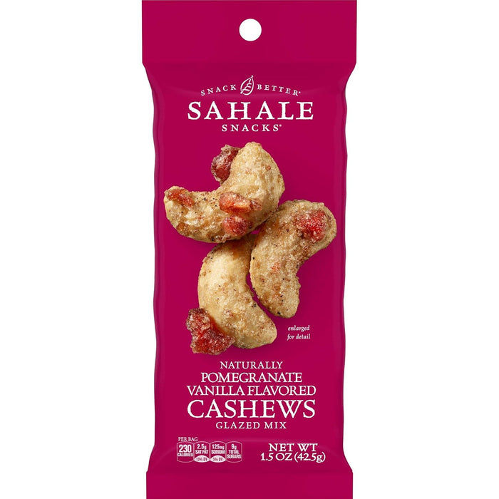 Sahale Snacks Pomegranate Vanilla Cashews, 1.5 oz Bags (18 Packs) - Dry-Roasted Deluxe Mixed Nuts with Pomegranate Infused Apples & Madagascar Vanilla - Non-GMO, Kosher, & Certified Gluten-Free Snacks