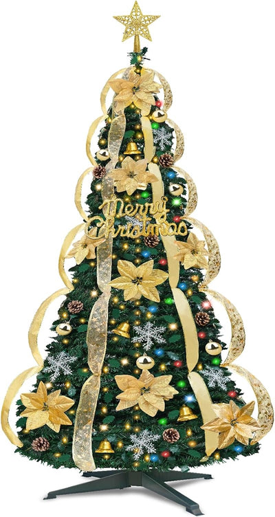 6.5Ft Prelit Fully Decorated Pop Up Christmas Tree, Dual Color Change 1 Minute Christmas Tree, 220 Warm White&Colored Lights 8 Modes Timer, 74 Ornaments&Gold Ribbon Pull Up Collapsible Xmas Tree Decor