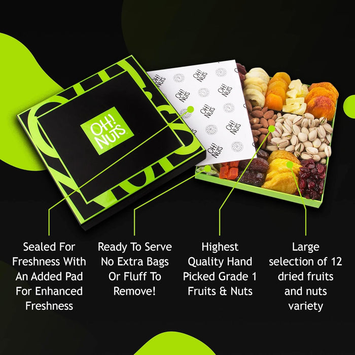 Oh! Nuts Dried Fruits and Nuts Gift Basket - Gourmet Gift Baskets - Healthy Assorted Nuts and Dried Fruit Gift Box - Crafted in USA, Sealed Fresh in Individual Packs (Green Box)