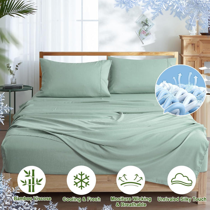 PHF Cooling Sheets Set California King Size, Rayon Derived from Bamboo & Polyester, Breathable & Wrinkle Free Silky Soft Bed Sheets, Wider Elastic Band 16" Deep Pocket Sheets & Pillowcase, Sage Green