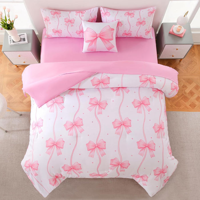DORCAS Bow Comforter Set Full Bed in A Bag for Girls,6 Pieces Pink Bow Bedding Sets with Sheets for Kids