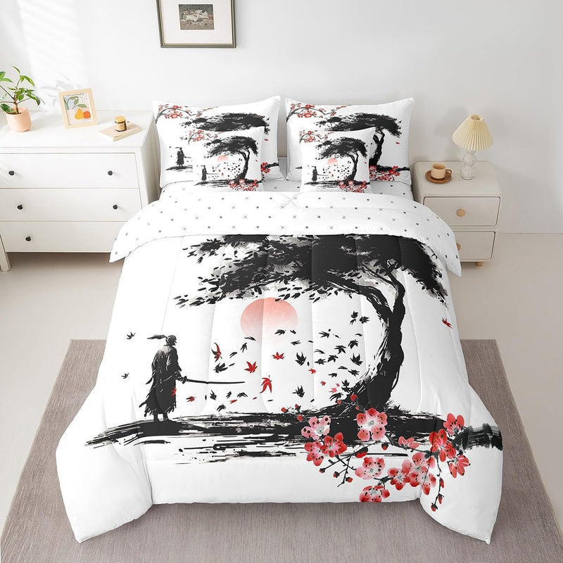 Feelyou Japanese Wave Bed Set Boys Girls for Kids Women Men Twin Size Ocean Wave 7 Pieces Beeding Set Ultra Soft Sunset Bed in a Bag with Comforter, Sheets, Pillowcases Sea Waves Room Decor Bird