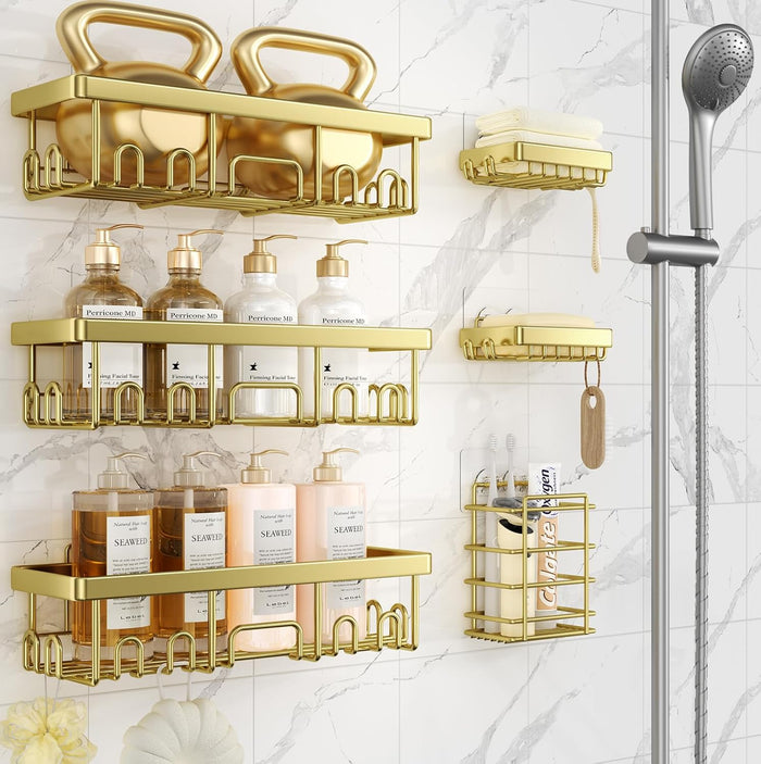 Veken Rustproof Shower Caddy 6-Pack, No Drilling & Waterproof Adhesive Shower Shelves Rack with Soap Holder, Large Capacity Bathroom Organizers and Storage, Wall-Mounted Kitchen & Home Decor