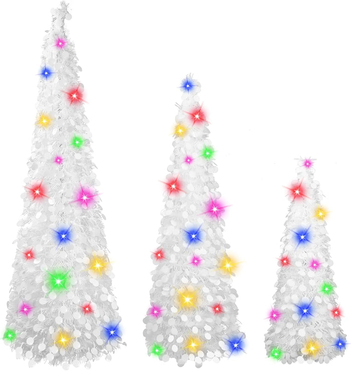 MACTING Christmas Pop up Tree with 50 LED Lights Timer 5FT Silver Collapsible Tinsel Pencil Tree Easy-Assembly Coastal Glitter Artificial Tree for Porch Apartment Corner Home Party Xmas Decorations