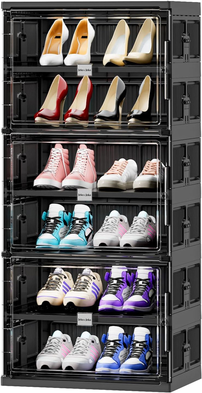 JEKO&JEKO 8 Tiers Foldable Shoe Rack Organizer Cabinet for Closet Entryway, Large Collapsible Shoe Storage Box with Magnetic Doors (Black)