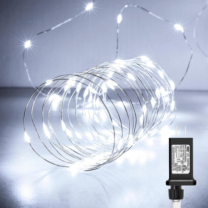 Minetom Fairy Lights Plug in, 33Ft 100 LEDs Waterproof Silver Wire Firefly Lights, Adaptor Included, Starry String Lights for Wedding Indoor Outdoor Christmas Patio Garden Decoration, Warm White