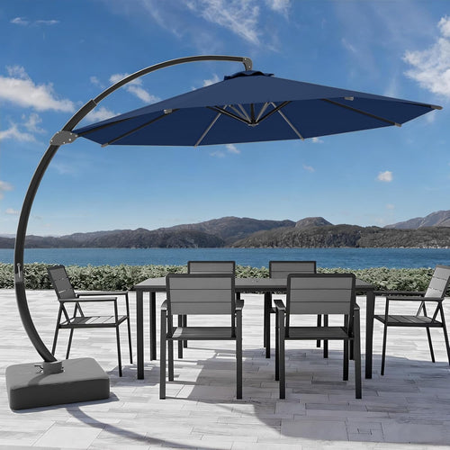 7-Piece Patio Dining Set with 11 FT Curvy Cantilever Umbrella, HDPE Tabletop & Aluminum Frame All-Weather Outdoor Furniture for Garden, Backyard, Poolside, Navy