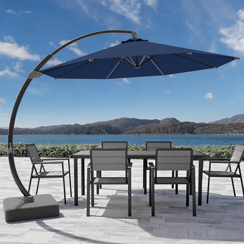7-Piece Patio Dining Set with 11 FT Curvy Cantilever Umbrella, HDPE Tabletop & Aluminum Frame All-Weather Outdoor Furniture for Garden, Backyard, Poolside, Navy