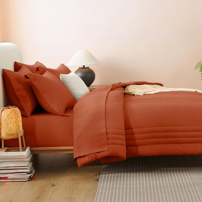 CozyLux Queen Comforter Set - 7 Pieces Bed in a Bag Terracotta Comforters Queen Size Bed Set, Soft Burnt Orange Bedding Set with All Seasons Comforter, Sheets, Pillowcases & Shams