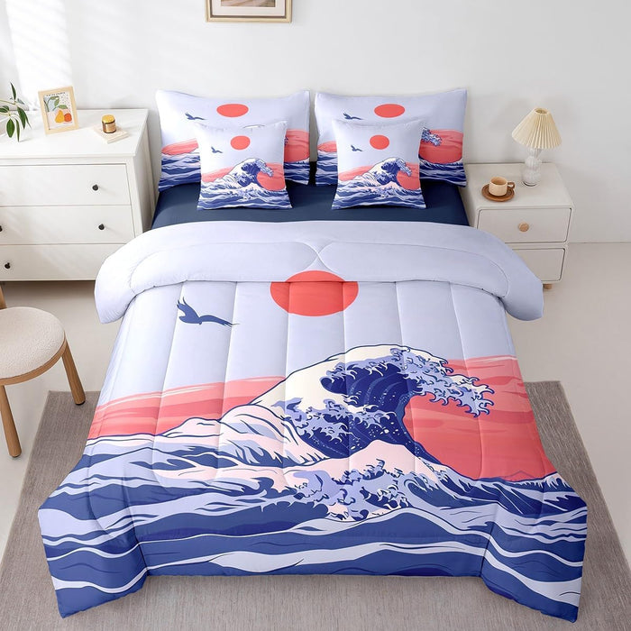 Feelyou Japanese Wave Bed Set Boys Girls for Kids Women Men Twin Size Ocean Wave 7 Pieces Beeding Set Ultra Soft Sunset Bed in a Bag with Comforter, Sheets, Pillowcases Sea Waves Room Decor Bird