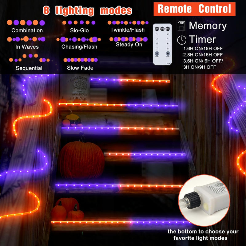 Halloween Rope Lights Outdoor, 33Ft 400 LED Orange and Purple String Lights, Waterproof Tube Lights Plug in 8 Modes Halloween Tree Garden Fence Yard Party Outdoor Decorations