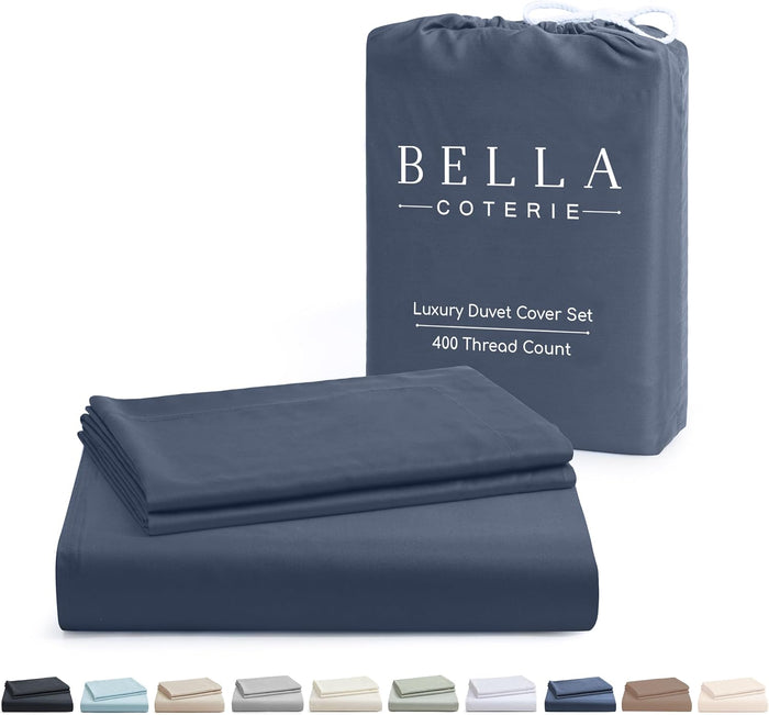 Bella Coterie Luxury Bamboo Viscose Queen Size Duvet Cover Set | 100% Organically Grown | Corner Ties | Ultra Soft | Cooling | Two Pillow Shams | 90 x 94 | No Insert [Coastal Blue]