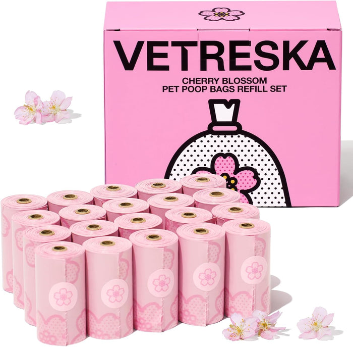 VETRESKA Dog Poop Bag Dispenser with Cherry Blossom Scented Poop Bags, Leak Proof and Extra Thick Pet Waste Bags, 1 Poop Bag Holder and 105 Bags for Dog Walking and Cats Litter, Pink