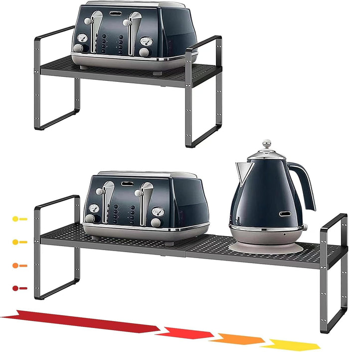 16.5~27.1" Expandable Shelf Organizer, 2Pack 8.1" Wide Stackable Cabinet Shelf Organizers, White Metal Sturdy Kitchen Counter Storage for Countertop, Adjustable Height Spice Rack