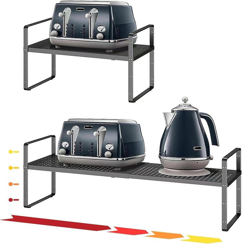 16.5~27.1" Expandable Shelf Organizer, 2Pack 8.1" Wide Stackable Cabinet Shelf Organizers, White Metal Sturdy Kitchen Counter Storage for Countertop, Adjustable Height Spice Rack