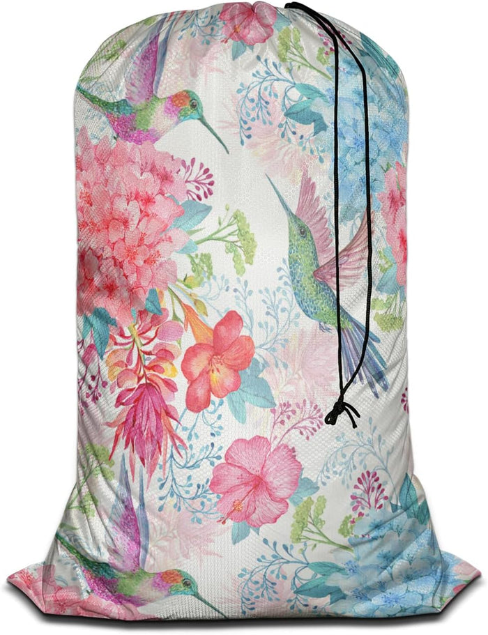 Swono Watercolor Sketch Poppy Large Laundry Bag Washable Large Dirty Clothes, Leaf Repeating Pattern Drawstring Organizer Bag, Fit Hamper Basket Camp Travel Home Dorm, Pink Black