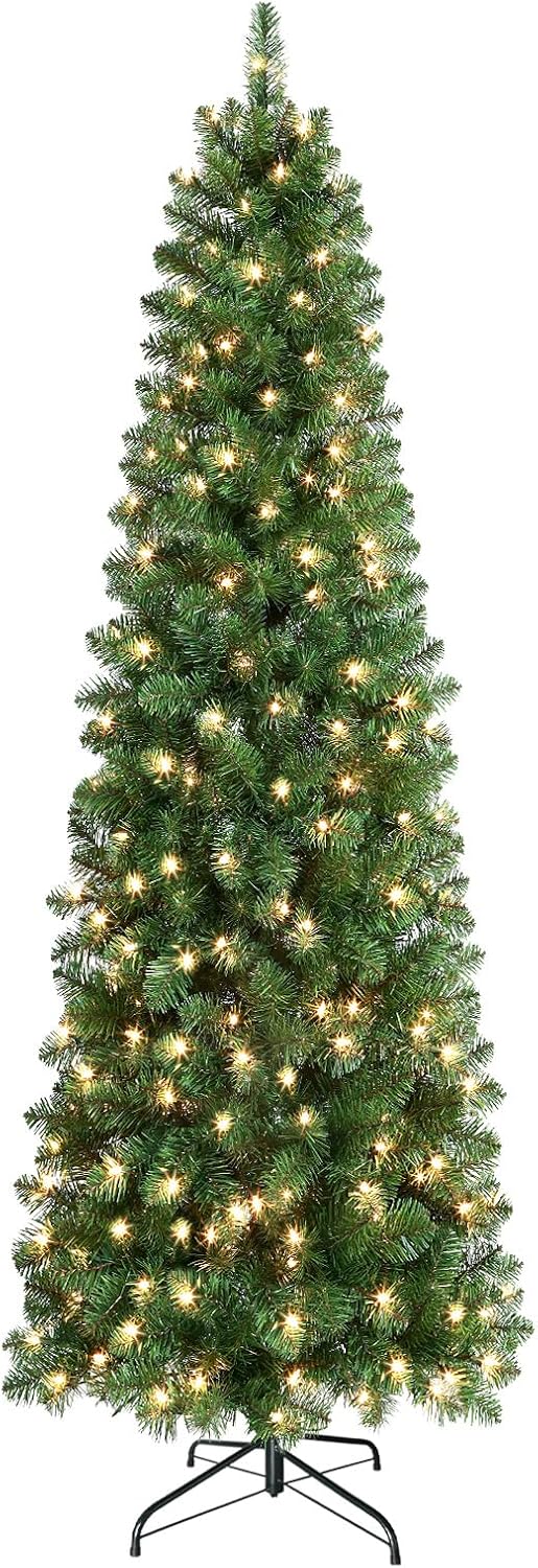 SHareconn 6ft Prelit Artificial Hinged Slim Pencil Christmas Tree with Warm White Lights, Full Branch Tips, Good Choice Decoration for Xmas Holiday, 6 FT, Green