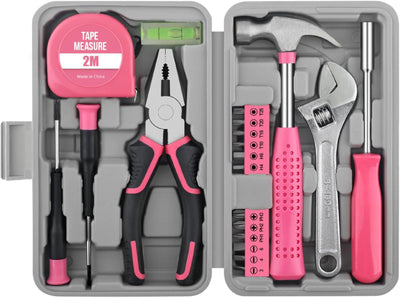 20 Pieces Home Tool Set, Basics Household Tool Kit with Small Mini Carrying Box for Men and Women DIY (Pink)