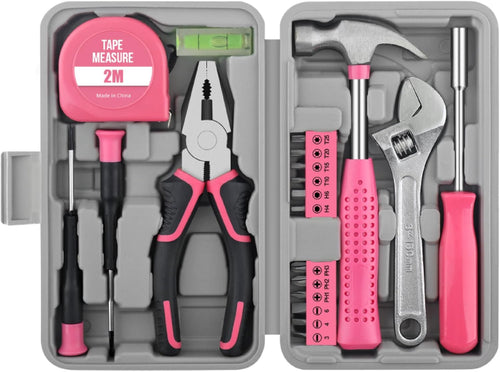 20 Pieces Home Tool Set, Basics Household Tool Kit with Small Mini Carrying Box for Men and Women DIY (Pink)