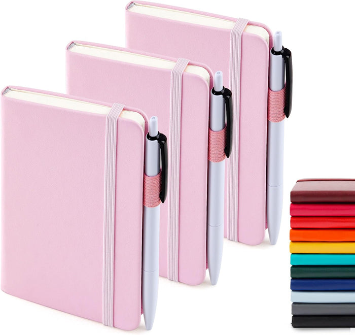 feela 3 Pack Pocket Small Notebook Journals, Mini Cute Hardcover College Ruled Notepad Women Office Supplies, with 3 Black Pens, 3.5”x 5.5”, A6, Pastel Colors, Light Blue, Light Purple, Light Green
