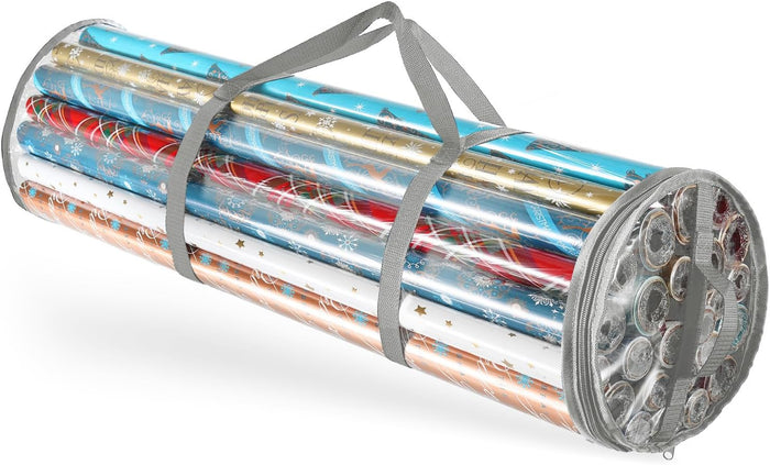 Hearth & Harbor Wrapping Paper Storage Container with Ribbon Dispenser and Interior Pockets - Large Christmas Storage Containers with Wheels, Fits 30 Rolls of 40" Length, Blue