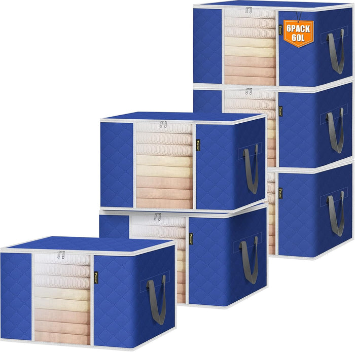 BALEINE 6 Pack Clothes Storage Bags, 16 Gallon Storage Containers with Reinforced Handle, Sturdy Zipper, Closet Organizer for Blanket, Comforter, Pillow, Bedding (Grey, 6 Pack)