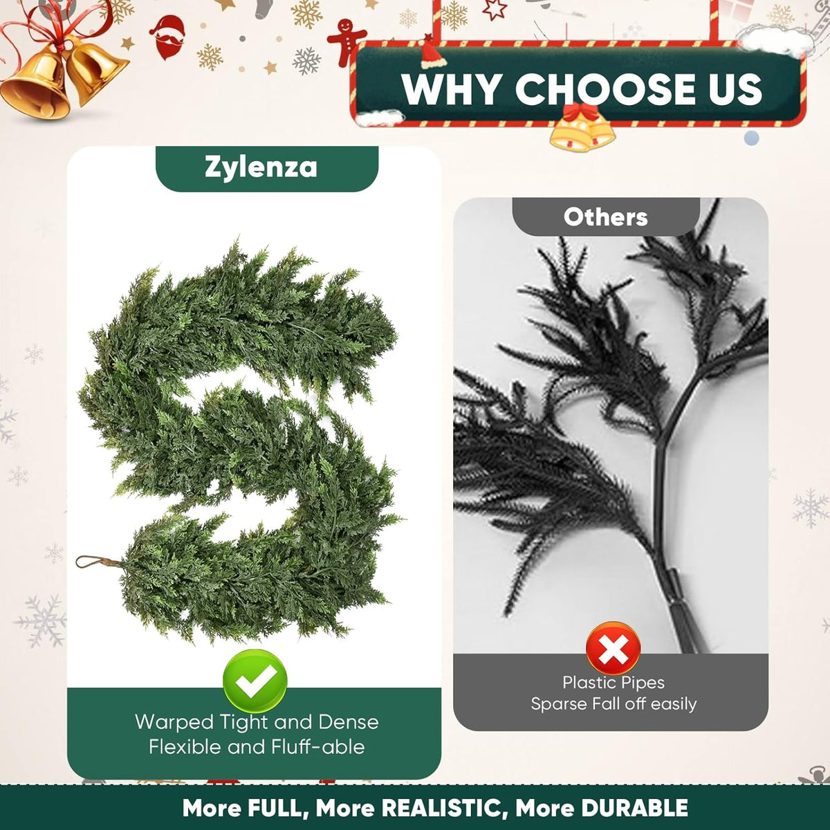 2 Pcs 6ft Christmas Garlands Cypress Garland, 160 Branches Real Touch Artificial Faux Greenery Garland for Mantle, Table, Wall, Indoor, Outdoor Christmas Decorations