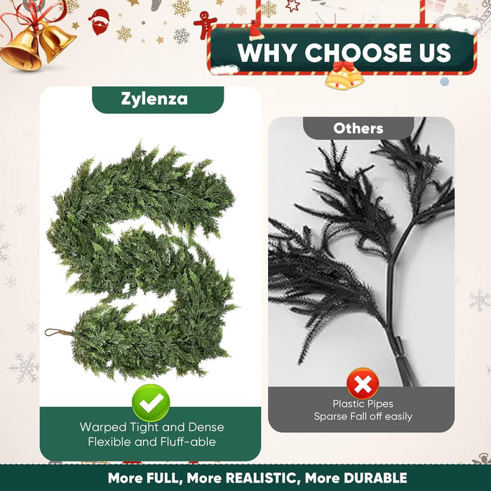 2 Pcs 6ft Christmas Garlands Cypress Garland, 160 Branches Real Touch Artificial Faux Greenery Garland for Mantle, Table, Wall, Indoor, Outdoor Christmas Decorations