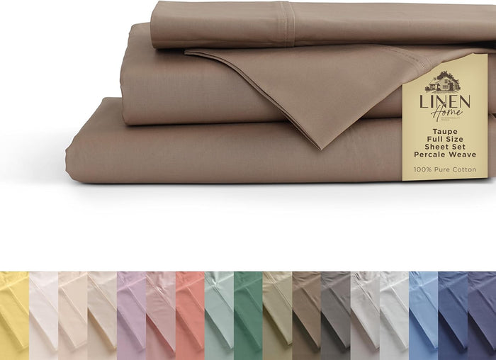 Linen Home 100% Cotton Percale Sheets Queen Size, Ivory, Deep Pocket, 4 Pieces Set - 1 Flat, 1 Deep Pocket Fitted Sheet and 2 Pillowcases, Crisp Cool and Strong Bed Linen