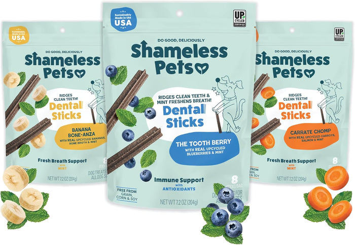 Shameless Pets Dental Treats for Dogs, Variety (4-Pack) - Healthy Sticks for Teeth Cleaning & Fresh Breath - Dog Bones Dental Chews Free from Grain, Corn & Soy