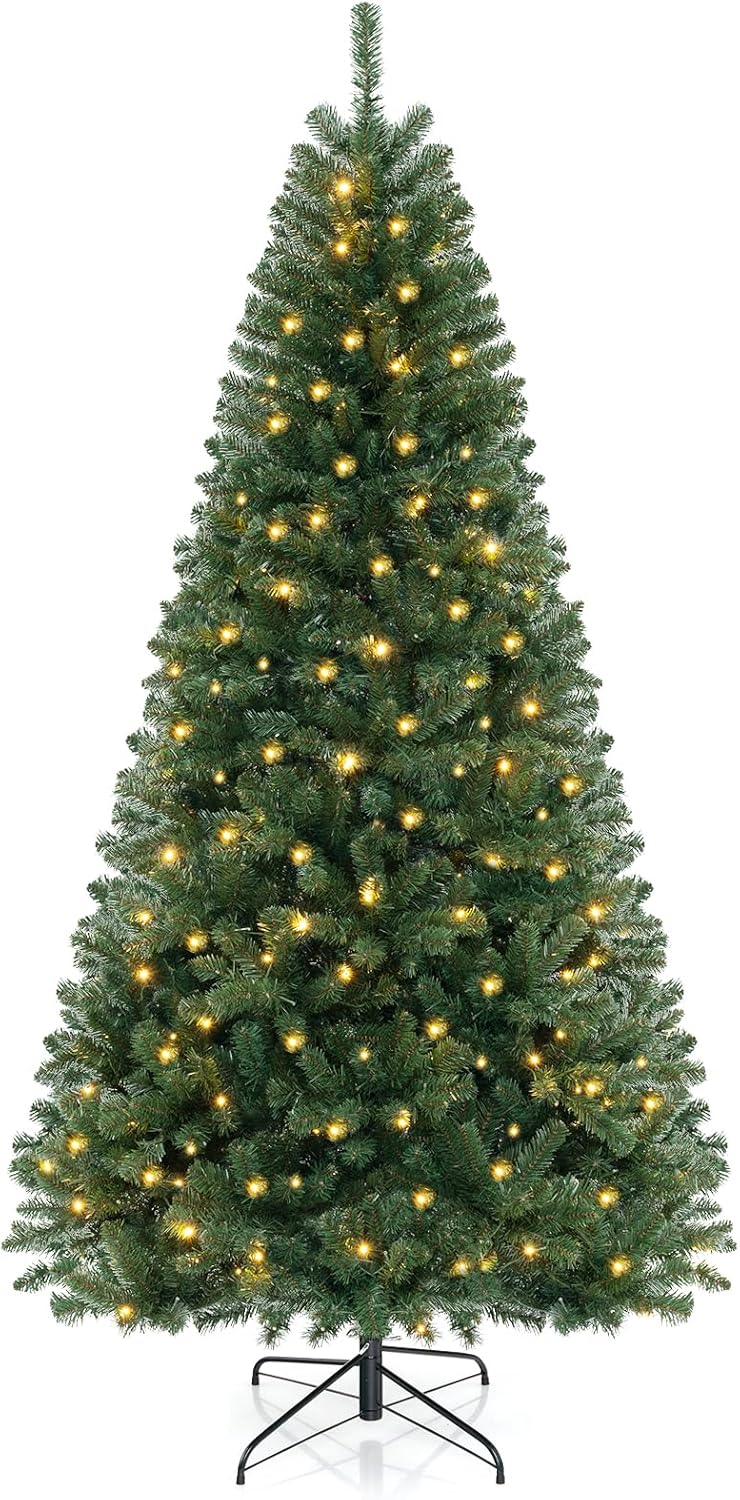 Goplus 7ft Pre-Lit Christmas Tree, Artificial Hinged Xmas Tree with 250 Warm White LED Lights, 8 Lighting Modes & Gloves, 830 PVC Branch Tips, for Home Office Decoration