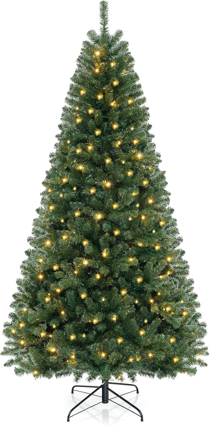 Goplus 7ft Pre-Lit Christmas Tree, Artificial Hinged Xmas Tree with 250 Warm White LED Lights, 8 Lighting Modes & Gloves, 830 PVC Branch Tips, for Home Office Decoration