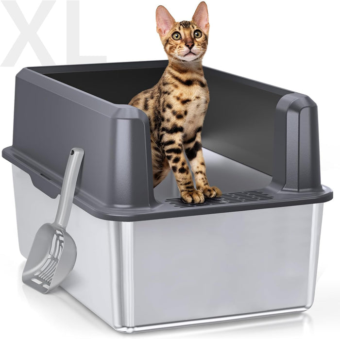 Enclosed Stainless Steel Cat Litter Box with Lid, XL Extra Large Litter Box for Big Cats, Metal Litter Pan High Sided, Never Absorbs Odors, Anti-Urine Leakage, Easy Cleaning, Include Scoop