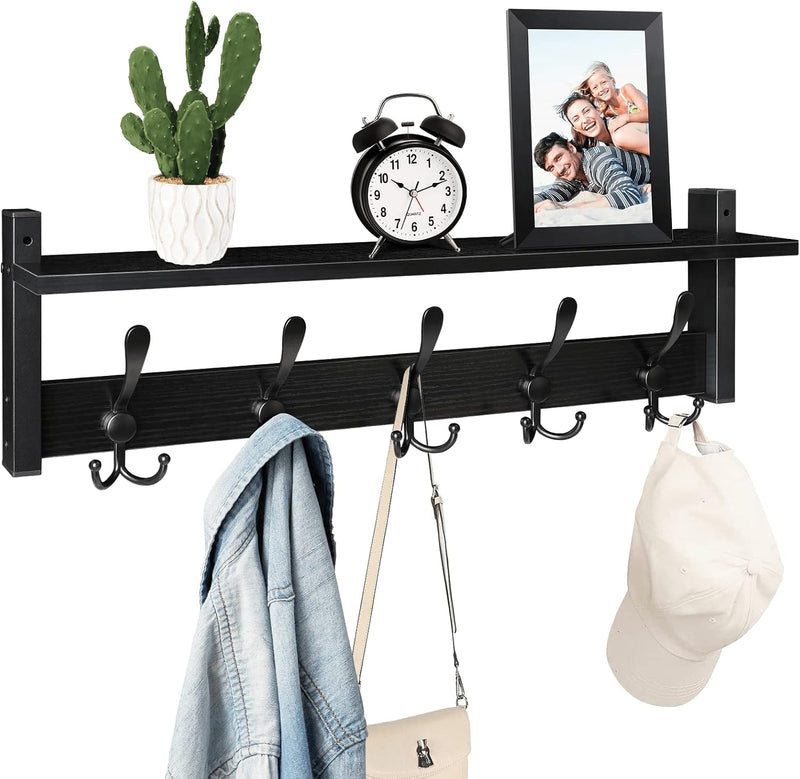 Homode Wall Shelf with Hooks, 24 Inch Coat Rack with Tri Hooks, Farmhouse Entryway Floating Coat Hanger with Storage for Bathroom, Entry Way, Mudroom, White