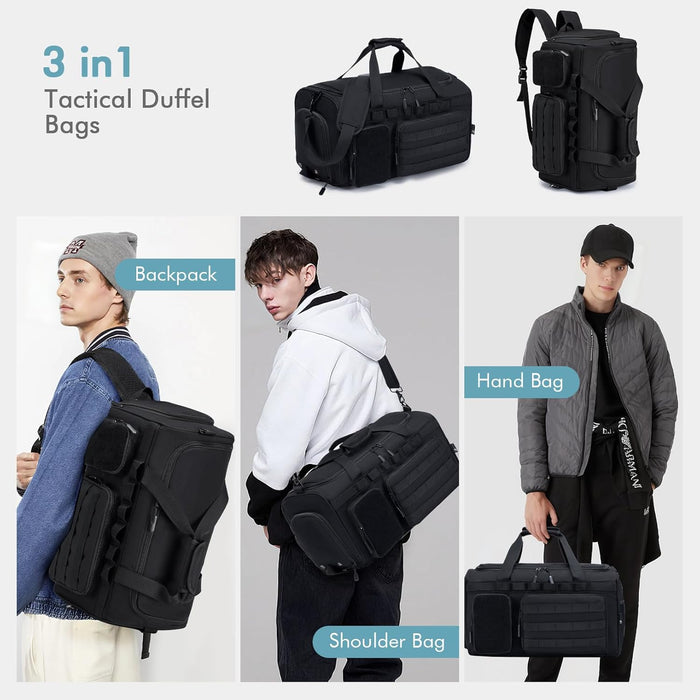 3 In 1 Tactical Military Travel Duffle Bag 40L with Shoe Compartment Gym Bag Backpack for Fitness Weekender Deployment Workout Black