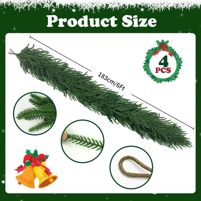 4 Pcs 6 Ft Artificial Norfolk Pine Garland, Real Touch Dense Faux Greenery Garland for Mantle, Table, Wall, Indoor & Outdoor Christmas Decorations