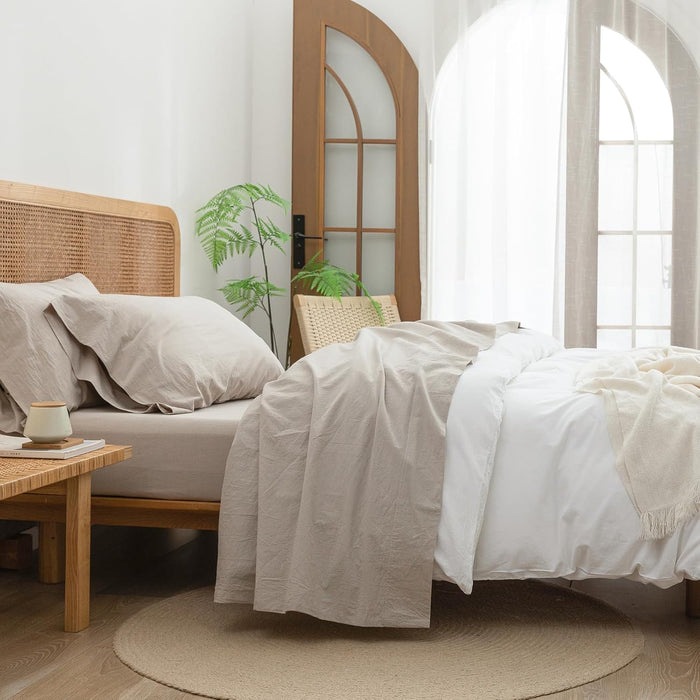 BESTOUCH Sheet Set 100% Washed Cotton Linen Feel Super Soft Comfortable Chic Lightweight 4 Pcs Home Bedding Set Solid Bright White Queen