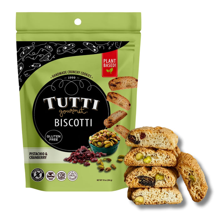 Tutti Gourmet Gluten Free Pistachio & Cranberry Biscotti, 9.9 oz (283g) Resealable Cookie Bag, Vegan and Halal Snacks