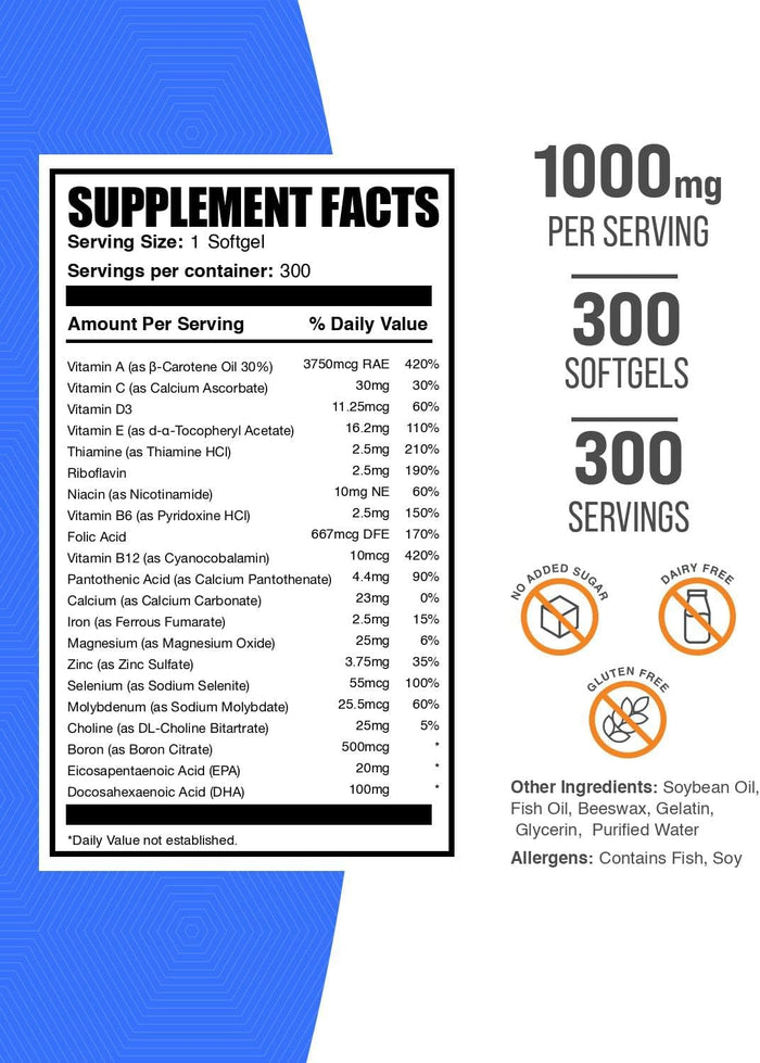 BulkSupplements.com Multivitamin for Men 50 Plus Softgels - Men's Daily Vitamins, Multimineral Supplement - Complete Multivitamin with Fish Oil - 1 Softgel per Serving, 300 Count (Pack of 1)