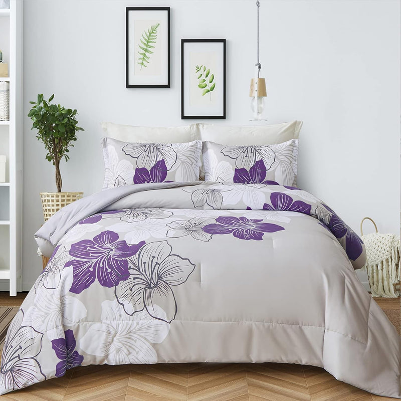 Menghomeus Black Comforter Set Queen Red and White Floral Comforter with 2 Pillowcases Modern Bedding Sets Lightweight Bed Set for All Season