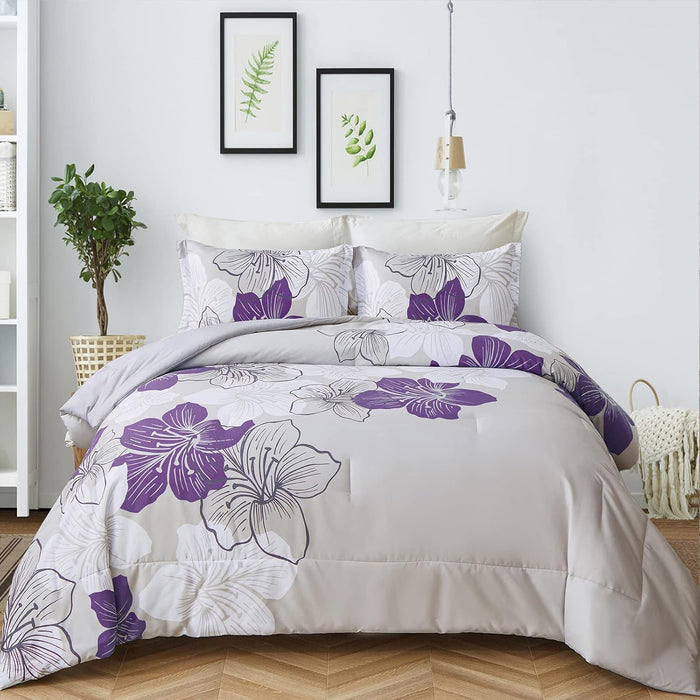 Menghomeus Floral Comforter Set Full Yellow Floral Pattern Printed on Grey - Soft Microfiber Bedding Set Lightweight Boho Bed Comforter Set for All Season, 3 Piece