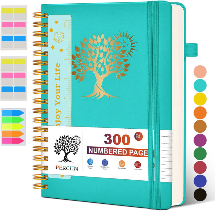 Spiral Notebook Journal for Women Men, 300 Numbered Lined Pages, College Ruled, A5 Hardcover Spiral Bound Notebook for School, Work, Note Taking Writing, Leather Spiral Journal Medium 5.9"x8.5"